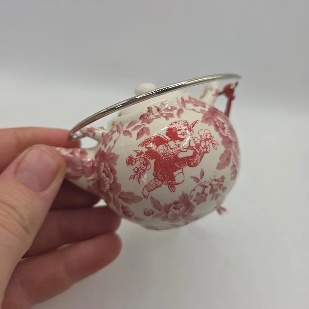 Vintage Miniature Porcelain Teapot Ornaments Pair Red Cherub Floral Made in Chin